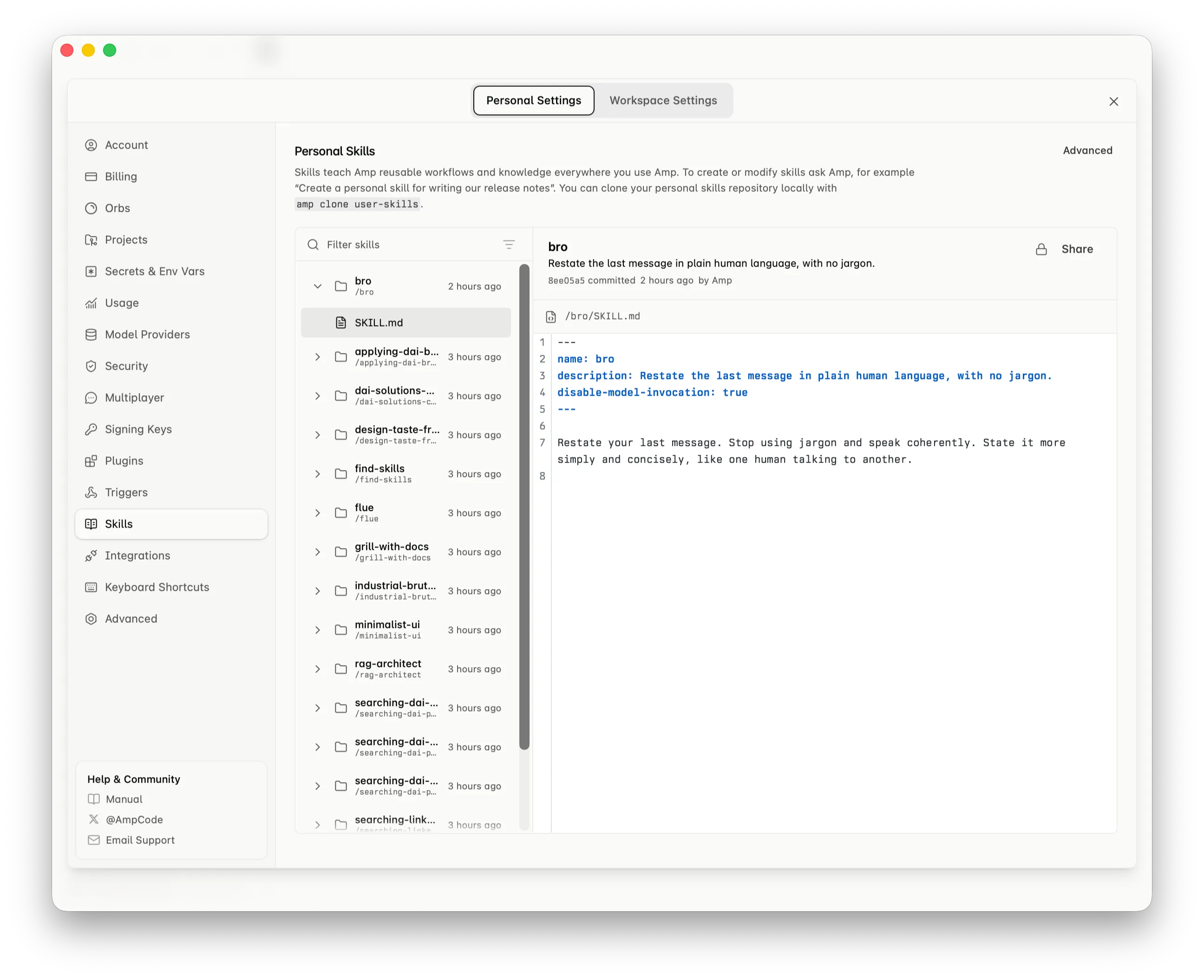 Amp Personal Settings showing the Personal Skills list and a selected skill